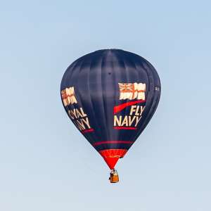 Fly Navy hot air balloon G-OFAA, a Cameron Z-105 (royal navy), seen at Horningsham, Wiltshire, United Kingdom on 14 September 2019. Photograph by Dave