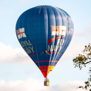 Fly Navy hot air balloon G-OFAA, a Cameron Z-105 (royal navy), seen at Horningsham, Wiltshire, United Kingdom on 11 September 2026. Photograph by Dave