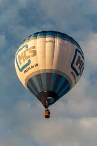 G-OMCS hot air balloon, a Cameron Z-105, seen at Leigh Woods, North Somerset, United Kingdom on 9 August 2026. Photograph by Dave