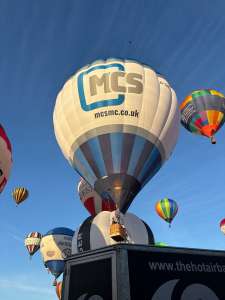 G-OMCS hot air balloon, a Cameron Z-105, seen at Leigh Woods, North Somerset, United Kingdom on 8 August 2026. Photograph by R0nN1e