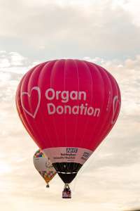 Nhs hot air balloon G-ORGN, a Kubicek Factory S.R.O. BB30Z (organ donation), seen at Northampton, West Northamptonshire, United Kingdom on 16 August 2026. Photograph by Dave