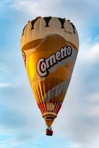 Cornetto hot air balloon G-OZOE, a Lindstrand Balloons LBL Cornetto (cone, ice cream), seen at Northampton, West Northamptonshire, United Kingdom on 16 August 2026. Photograph by Dave
