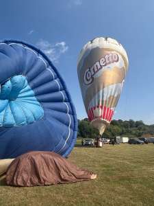 Cornetto hot air balloon G-OZOE, a Lindstrand Balloons LBL Cornetto (cone, ice cream), seen at Corston, Bath and North East Somerset, United Kingdom on 18 July 2026. Photograph by R0nN1e