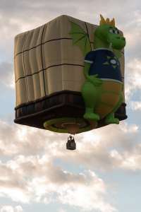 Playreview hot air balloon G-PNAD, a Lindstrand HOT AIR Balloons LBL BOX (dragon, animals), seen at Leigh Woods, North Somerset, United Kingdom on 9 August 2026. Photograph by Dave