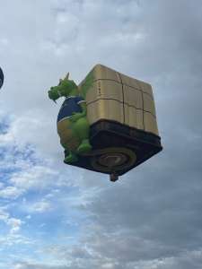 Playreview hot air balloon G-PNAD, a Lindstrand HOT AIR Balloons LBL BOX (dragon, animals), seen at Leigh Woods, North Somerset, United Kingdom on 8 August 2026. Photograph by R0nN1e