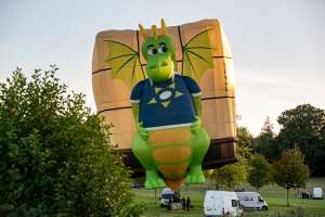 Playreview hot air balloon G-PNAD, a Lindstrand HOT AIR Balloons LBL BOX (dragon, animals), seen at Horningsham, Wiltshire, United Kingdom on 11 September 2026. Photograph by Dave