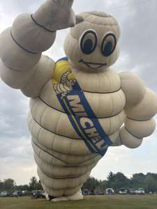 Michelin hot air balloon G-PNEU, a Cameron Balloons Colt BIBENDUM-110 (character), seen at Corston, Bath and North East Somerset, United Kingdom on 18 July 2026. Photograph by R0nN1e