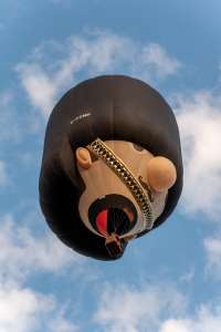 Busby hot air balloon G-POMP, a Cameron BEARSKIN-100 (guardsman, character), seen at Leigh Woods, North Somerset, United Kingdom on 9 August 2026. Photograph by Dave