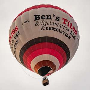 Bens Tiles hot air balloon G-RECL, a Cameron Z-105, seen at Corsley Heath, Wiltshire, United Kingdom on 14 September 2025. Photograph by Dave