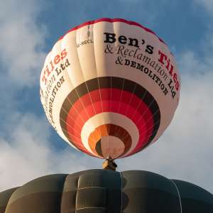 Bens Tiles hot air balloon G-RECL, a Cameron Z-105, seen at Leigh Woods, North Somerset, United Kingdom on 9 August 2026. Photograph by Dave