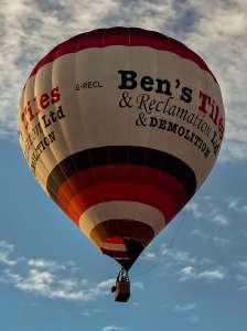 Bens Tiles hot air balloon G-RECL, a Cameron Z-105, seen at Arrow, Warwickshire, United Kingdom on 29 May 2026. Photograph by Dave