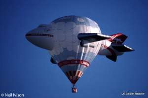 Airplane hot air balloon G-UMBO, a Thunder AND Colt Colt Jumbo. Photograph by Neil Ivison