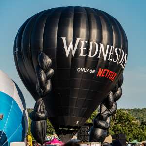 Netflix hot air balloon G-WDNS, a Kubicek Factory S.R.O. BB22Z (Wednesday), seen at Leigh Woods, North Somerset, United Kingdom on 8 August 2025. Photograph by Dave