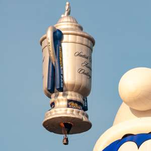 Trophy hot air balloon G-WHIL, a Balony Kubicek SPOL. S R.O. BB-S/CUP (william hill), seen at Leigh Woods, North Somerset, United Kingdom on 8 August 2014. Photograph by Dave